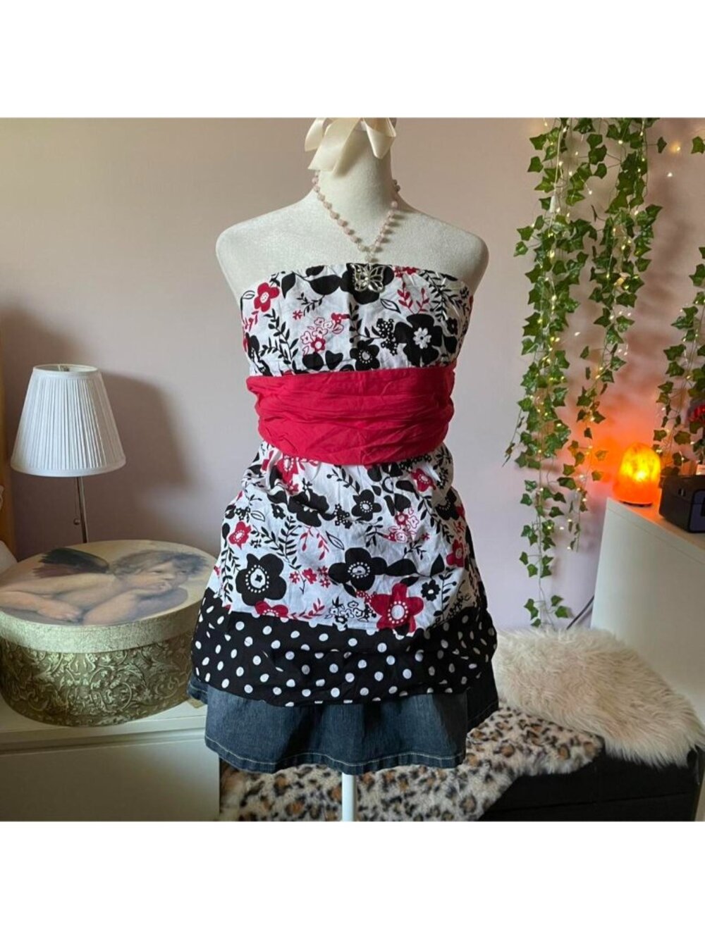 2000s floral and polka dot babydoll tube top